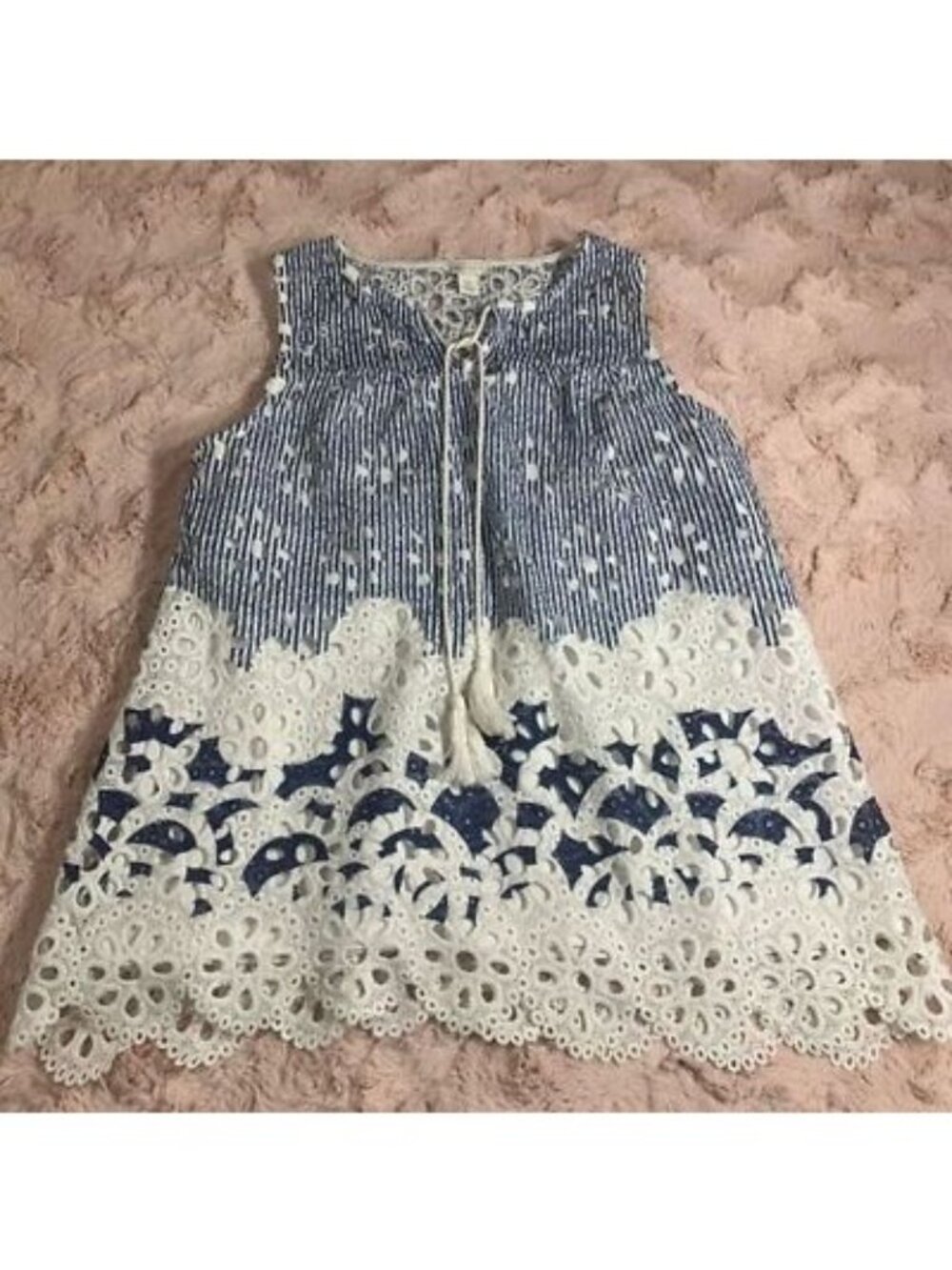 CATO Women’s Top Size XS Blue & Whitle cottage-core sleeveless eyelet lace Tank